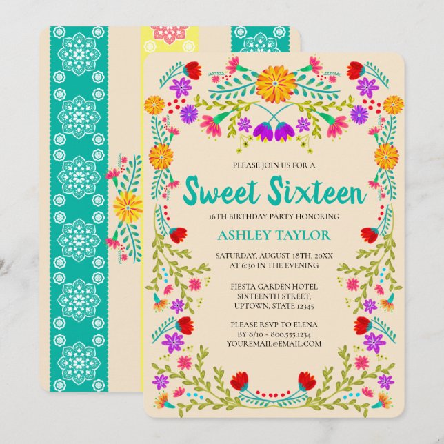 Invitación Dulce 16 Fiesta Mexicana Papel Picado Champaña (Anverso / Reverso)