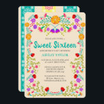 Invitación Dulce 16 Fiesta Mexicana Papel Picado Champaña<br><div class="desc">Fiesta Mexicana Dulce 16 Invitación para la celebración del 16º cumpleaños de su hija. Este tema floral presenta flores de arte folclórico mexicano alegres y coloridas en rojo, rosa, morado y amarillo sobre un fondo de crema de champán. La parte trasera de la tarjeta está decorada con papel picado y...</div>