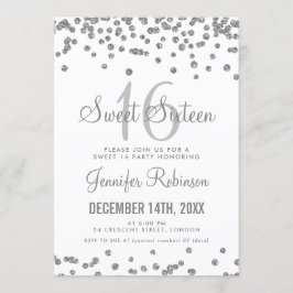Invitación Dulce 16 Fiesta Purpurina Plata y Blanco Confetti