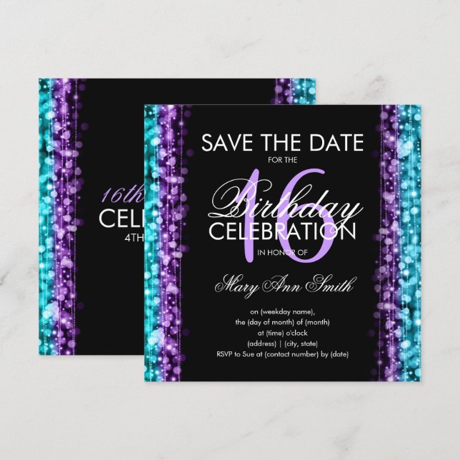 Invitación Dulce 16 Fiesta Salven La Fecha Se Esparce Morado  (Anverso / Reverso)