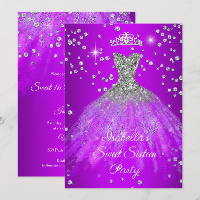 Invitación Dulce 16 Fiesta Vestido espumoso morado TIARA (Anverso / Reverso)