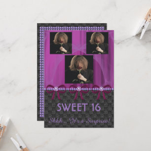 Invitación Dulce 16 Fiestas de seda violeta y perlas y fotos