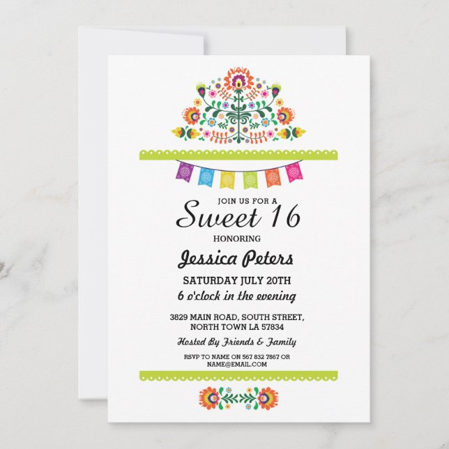 Invitación Dulce 16 Fiestas Fiesta Floral Fiesta Mexicana Cum (Anverso)