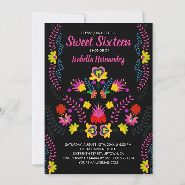 Invitación Dulce 16 Fiestas mexicanas flores negro cumpleaños (Anverso)