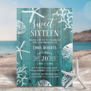 Invitación Dulce 16 Fiestas Rustic Verde azulada Beach Starfi