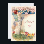 Invitación Dulce 16 Flor de hadas vendimias<br><div class="desc">Moda vintage flor de hadas personalizado personalizado Sweet 16 cumpleaños invita la celebración. Bonito ilustracion de estilo Art Déco con un elegante hada glamurosa con alas de mariposa y elegantes flores de madera de palo rosa que surgen del árbol. Hay hierba verde y tulipanes coloridos a sus pies. Clásico, romántico,...</div>