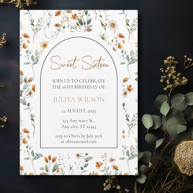 Invitación Dulce 16 flor silvestre botánica elegante (Subido por el creador)
