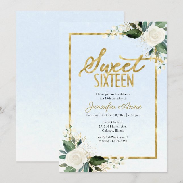 Invitación Dulce 16 Floral Blanca Sobre Azul Polvoriento (Anverso / Reverso)