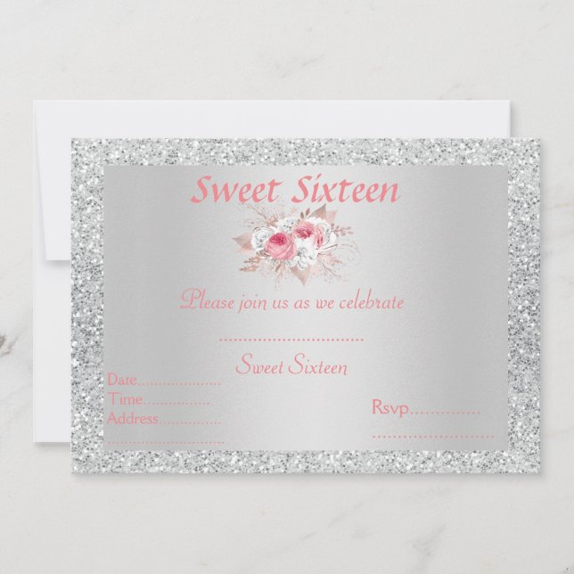 Invitación Dulce 16 floral de durazno rosa plateado (Anverso)