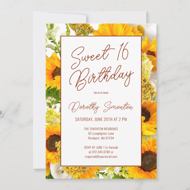 Invitación Dulce 16 Floral de girasol moderna (Anverso)