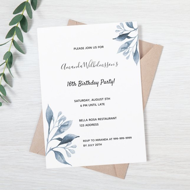 Invitación Dulce 16 florales azules blancos botánicos (Subido por el creador)
