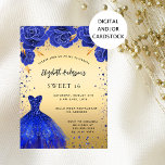 Invitación Dulce 16 florales de purpurina de oro azul real<br><div class="desc">Una invitación moderna, elegante y glamurosa para una fiesta de 16 y 16 años. Un fondo dorado falso con brillantes azules falsos y un vestido azul real y rosas, flores. El nombre está escrito con una escritura de estilo con letras a mano moderna. Personalice y agregue los detalles de su...</div>