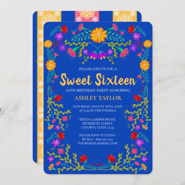 Invitación Dulce 16 Flores de Fiesta Azul Real 16 cumpleaños (Anverso / Reverso)