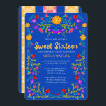Invitación Dulce 16 Flores de Fiesta Azul Real 16 cumpleaños<br><div class="desc">Royal Blue Sweet 16 Invitación para la celebración del 16º cumpleaños de su hija. Este tema floral presenta alegres y coloridas flores de arte folclórico mexicano en rojo, rosa, morado y amarillo sobre un fondo azul real. La parte trasera de la tarjeta tiene papel de papel picado y más flores....</div>