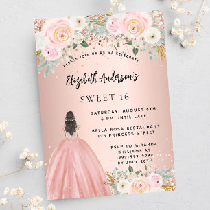 Invitación Dulce 16 flores de oro rosa vestido de lujo