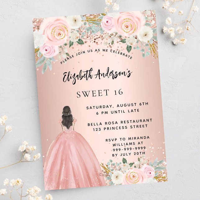 Invitación Dulce 16 flores de oro rosa vestido de lujo (Subido por el creador)