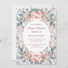 Invitación Dulce 16 Flores de rosas rosadas Fiesta de cumplea