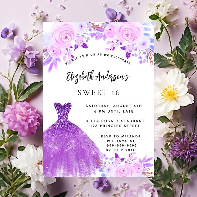 Invitación Dulce 16 flores púrpura rosa vestido de lujo (Subido por el creador)