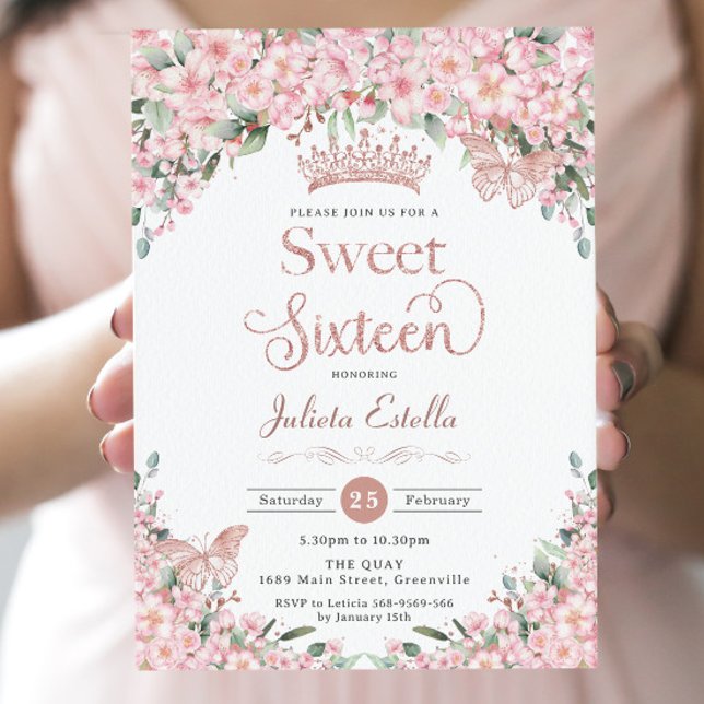 Invitación Dulce 16 floros de cerezo Rosa Mariposas de oro (Subido por el creador)