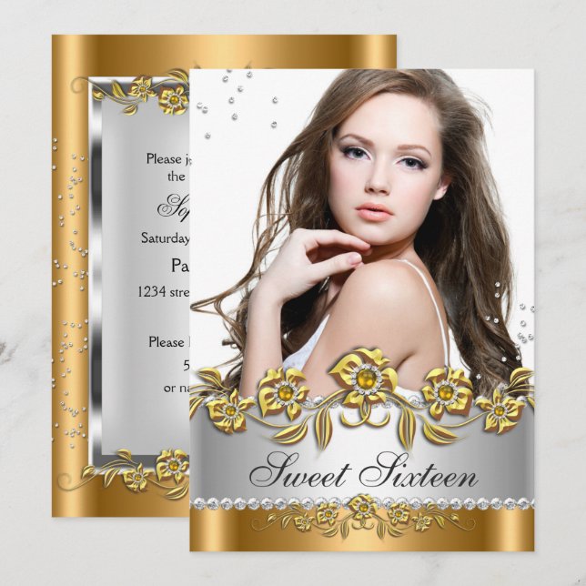 Invitación Dulce 16 Foto Jewel de diamantes de plata de oro d (Anverso / Reverso)