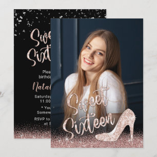 Invitación Dulce 16 Fotografía moderna Rosa Purpurina de oro