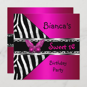 Invitación Dulce 16 Fushia Plata Rosa Negro Cebra Leopardo