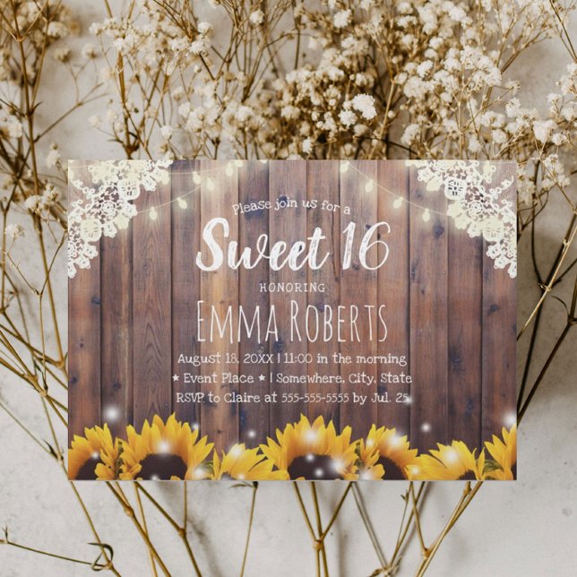 Invitación Dulce 16 girasoles rústicos y luces de cadena (Subido por el creador)