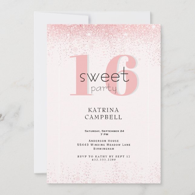 Invitación Dulce 16 Glam Purpurina Rosado Fiesta de cumpleaño (Anverso)
