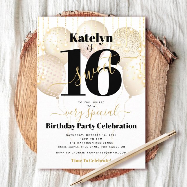 Invitación Dulce 16 Globos de oro blanco de cumpleaños Girly  (Subido por el creador)