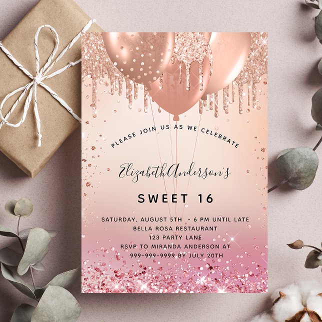 Invitación Dulce 16 globos de oro rosa rosa rosa rosado (Subido por el creador)