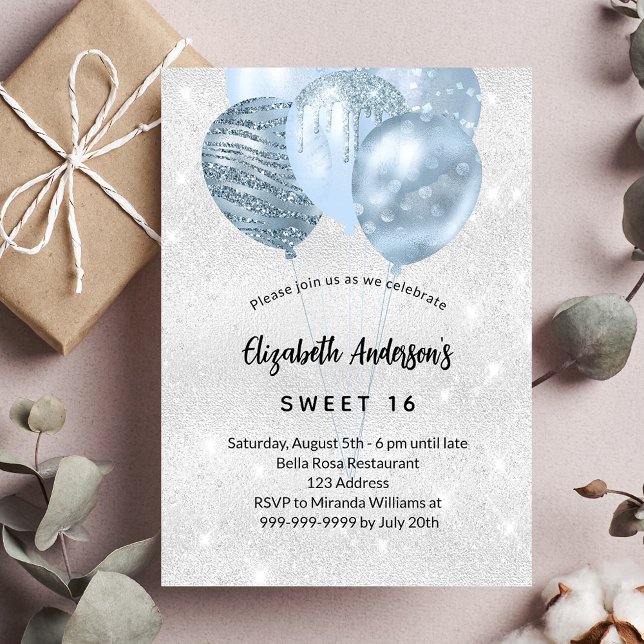 Invitación Dulce 16 globos purpurina azul plateado de lujo (Subido por el creador)