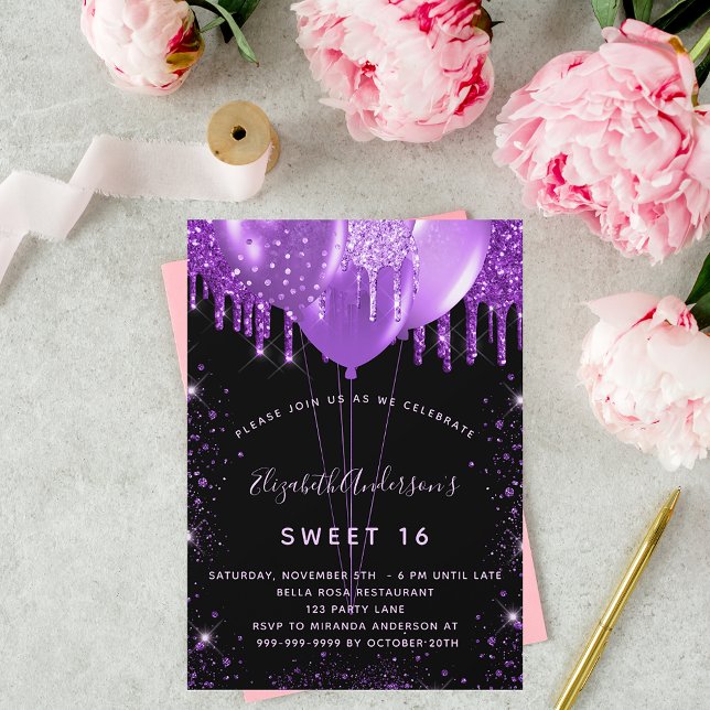 Invitación Dulce 16 globos purpurina morado negro glamuroso (Subido por el creador)