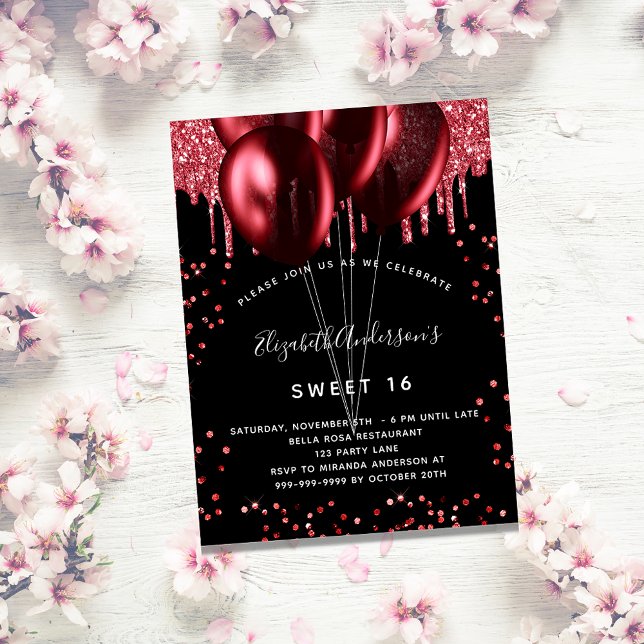 Invitación Dulce 16 globos purpurina rojo negro fiesta (Subido por el creador)