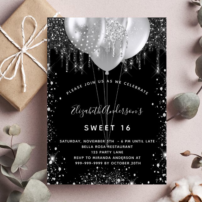 Invitación Dulce 16 globos purpurinas de plata negra de lujo (Subido por el creador)