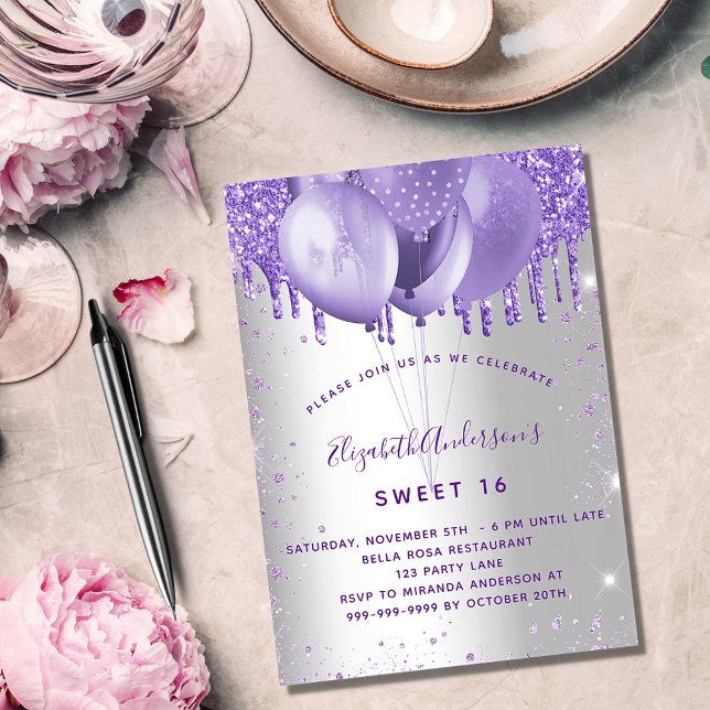 Invitación Dulce 16 globos purpurinas violeta de plata de luj (Subido por el creador)