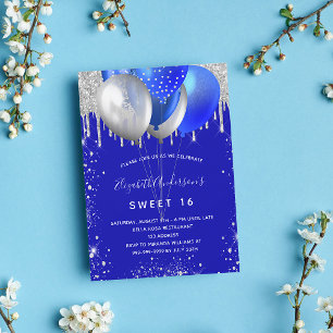 Invitación Dulce 16 globos reales purpurinas de plata azul de