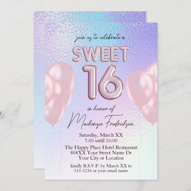 Invitación Dulce 16 globos rosados en gradiente holográfico (Anverso / Reverso)