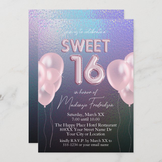 Invitación Dulce 16 globos rosados en holográfico oscuro (Anverso / Reverso)