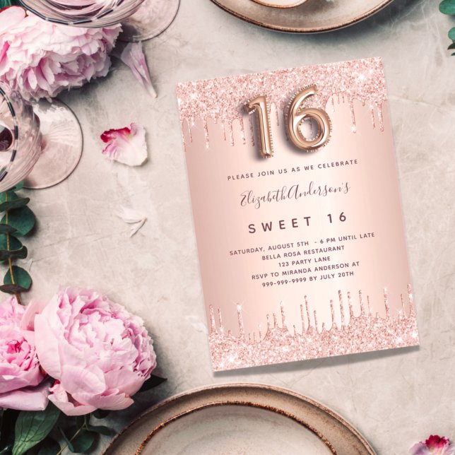 Invitación Dulce 16 gotes rosados de oro rosa (Subido por el creador)