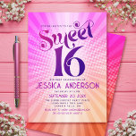 Invitación Dulce 16 Groovy Naranja Rosado Gradiente Retro Boh<br><div class="desc">"Feliz Dulce 16 cumpleaños". Envíe esta genial retro boho, invitación de fiesta personalizada para un evento que recordar. Tipografía divertida, moderna, audaz, rosa oscuro y rosa oscuro con la tipografía moderna sans serif sobre un fondo de naranja de luz pop y rayas de gradiente rosado oscuro con puntos blancos. En...</div>