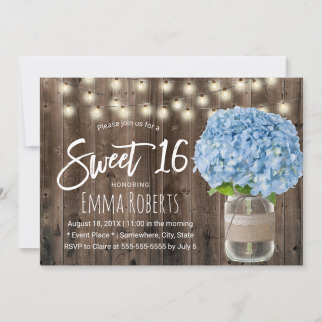 Invitación Dulce 16 Hidrangea Azul Floral Jar Madera Rústica (Anverso)