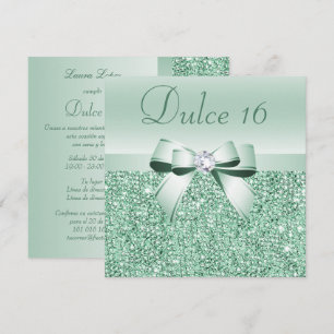 Invitación Dulce 16 lentejuelas verde menta español, lazo y d