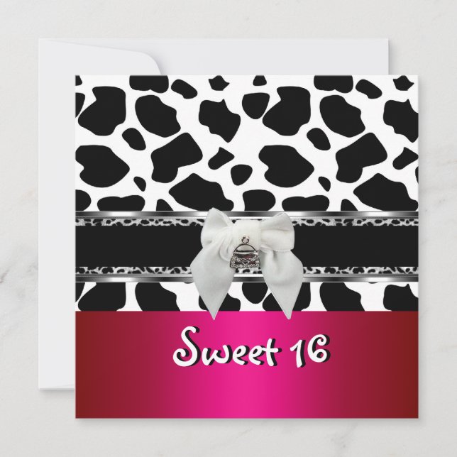 Invitación Dulce 16 Leopardo de vaca blanco rosado plateado (Anverso)