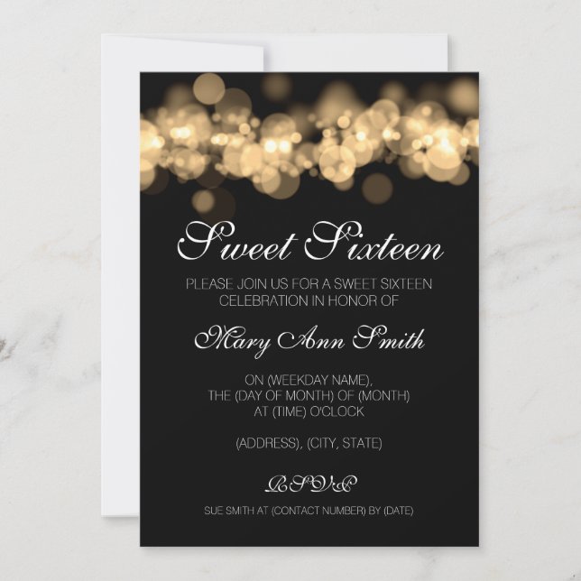 Invitación Dulce 16 Luces de Bokeh de oro de fiesta de cumple (Anverso)