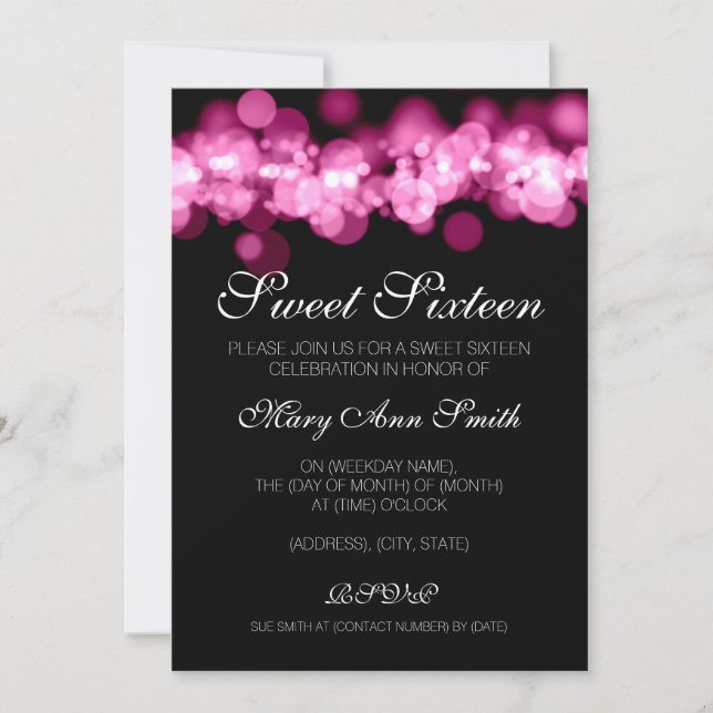 Invitación Dulce 16 luces de Bokeh del rosa de la fiesta de (Anverso)