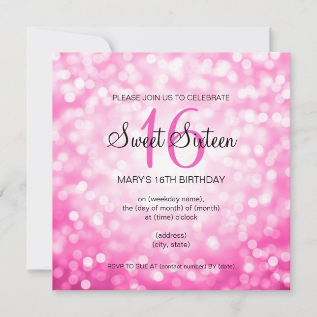 Invitación Dulce 16 Luces de Purpurina rosado de fiesta de cu (Anverso)