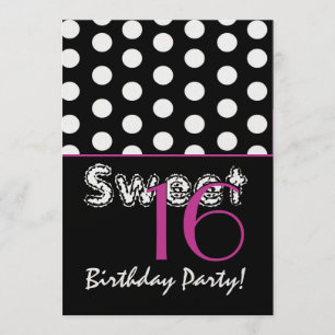 Invitación Dulce 16 lunares blancos y negros del cumpleaños
