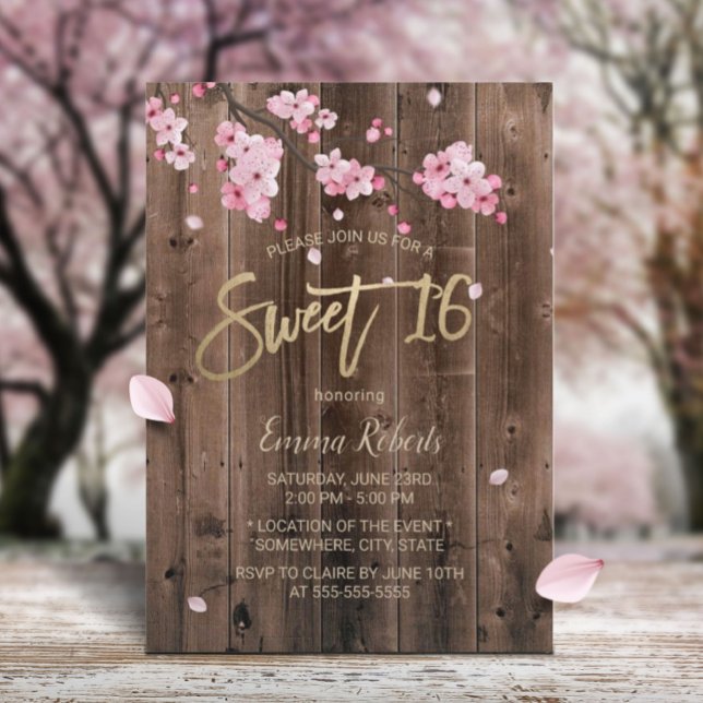 Invitación Dulce 16 Madera de cerezo de flores rosadas (Subido por el creador)