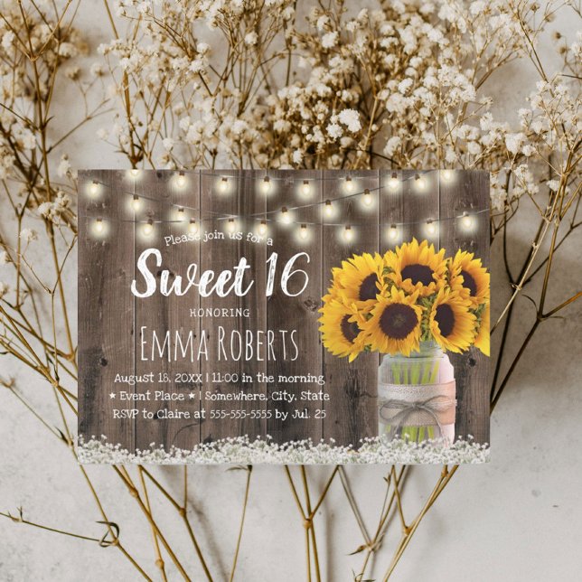 Invitación Dulce 16 Madera de estera floral de girasol rústic (Subido por el creador)