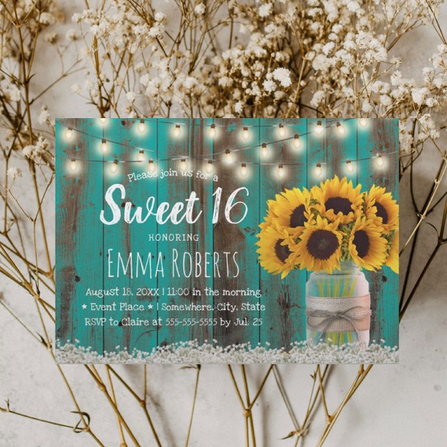 Invitación Dulce 16 Madera de grano Verde azulada de girasol  (Subido por el creador)
